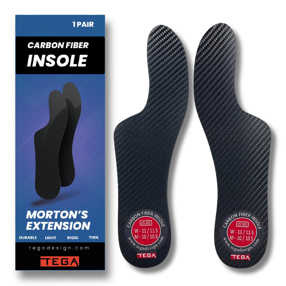 TEGA Morton's Extension carbon fiber orthotic pair provides toe joint support for daily activities.