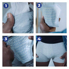 TENA pad uses adhesive strip to stay in close-fitting underwear.