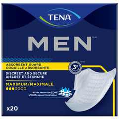 TENA Men guard pack view demonstrates maximum absorbency for day-long protection