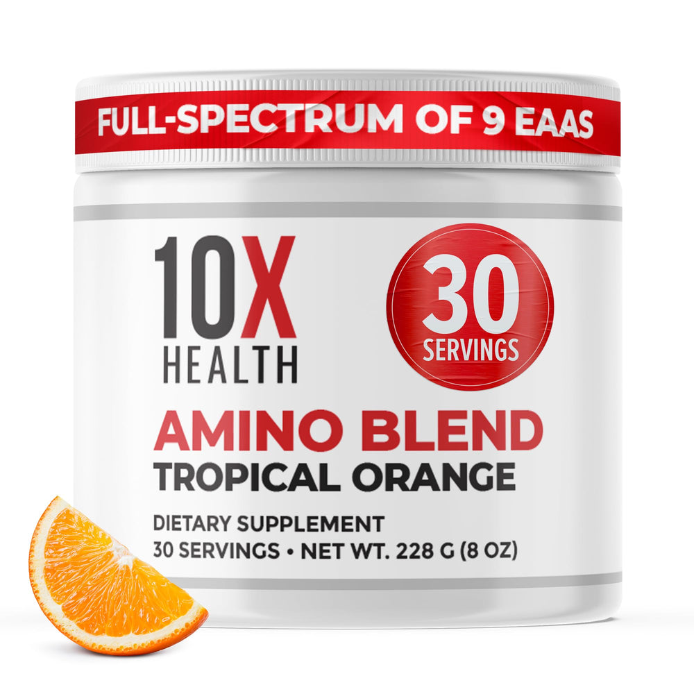 10X Health System amino acids bottle displaying complete EAAs and BCAAs for daily support