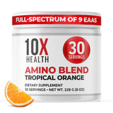 10X Health System amino acids bottle displaying complete EAAs and BCAAs for daily support