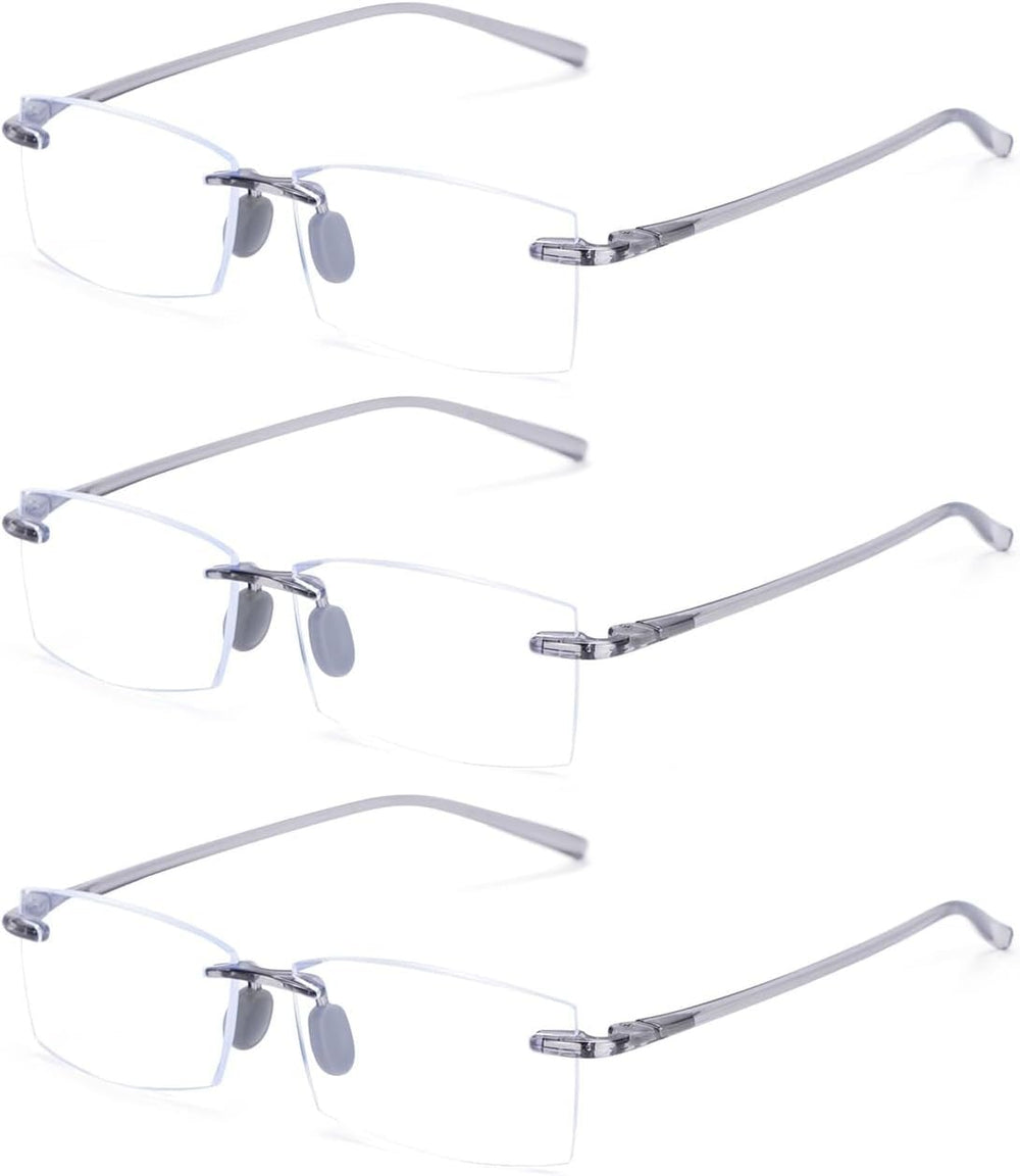 TERAISE Rimless reading glasses frame close-up showing ultralight comfort for all-day wear.