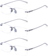 TERAISE Rimless reading glasses frame close-up showing ultralight comfort for all-day wear.