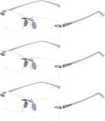 TERAISE Rimless reading glasses frame close-up showing ultralight comfort for all-day wear.