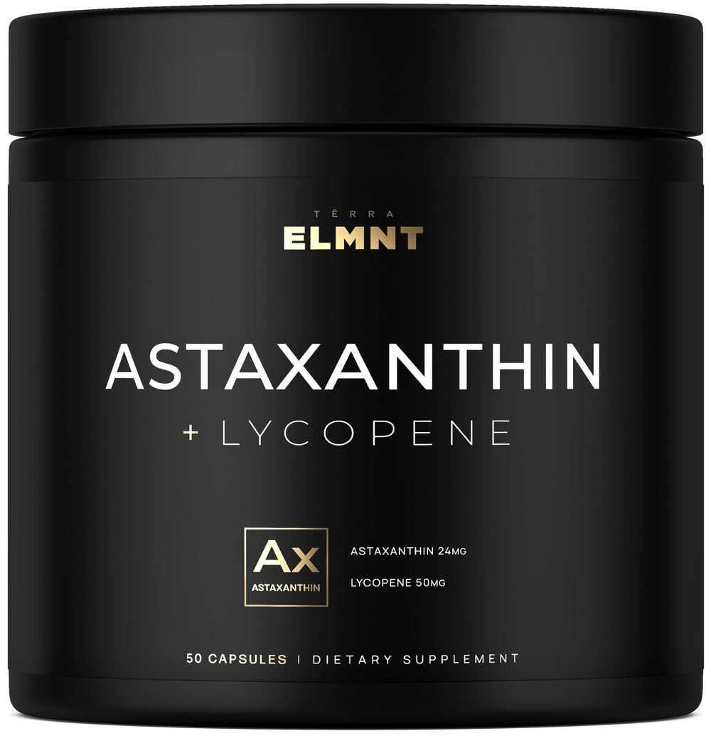 Terra Elmnt astaxanthin-lycopene capsule close-up for skin tone support.
