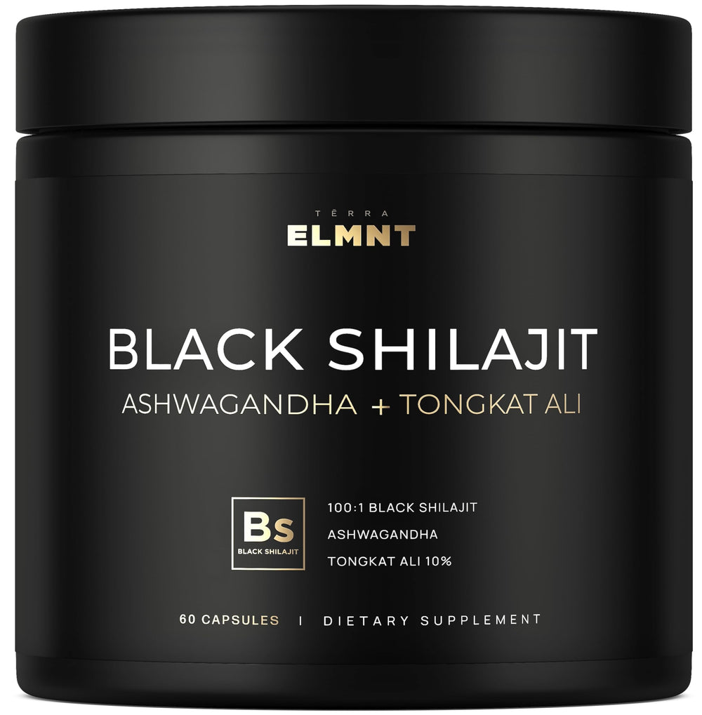 Terra Elmnt Black Shilajit bottle showcases premium extract for men's energy.