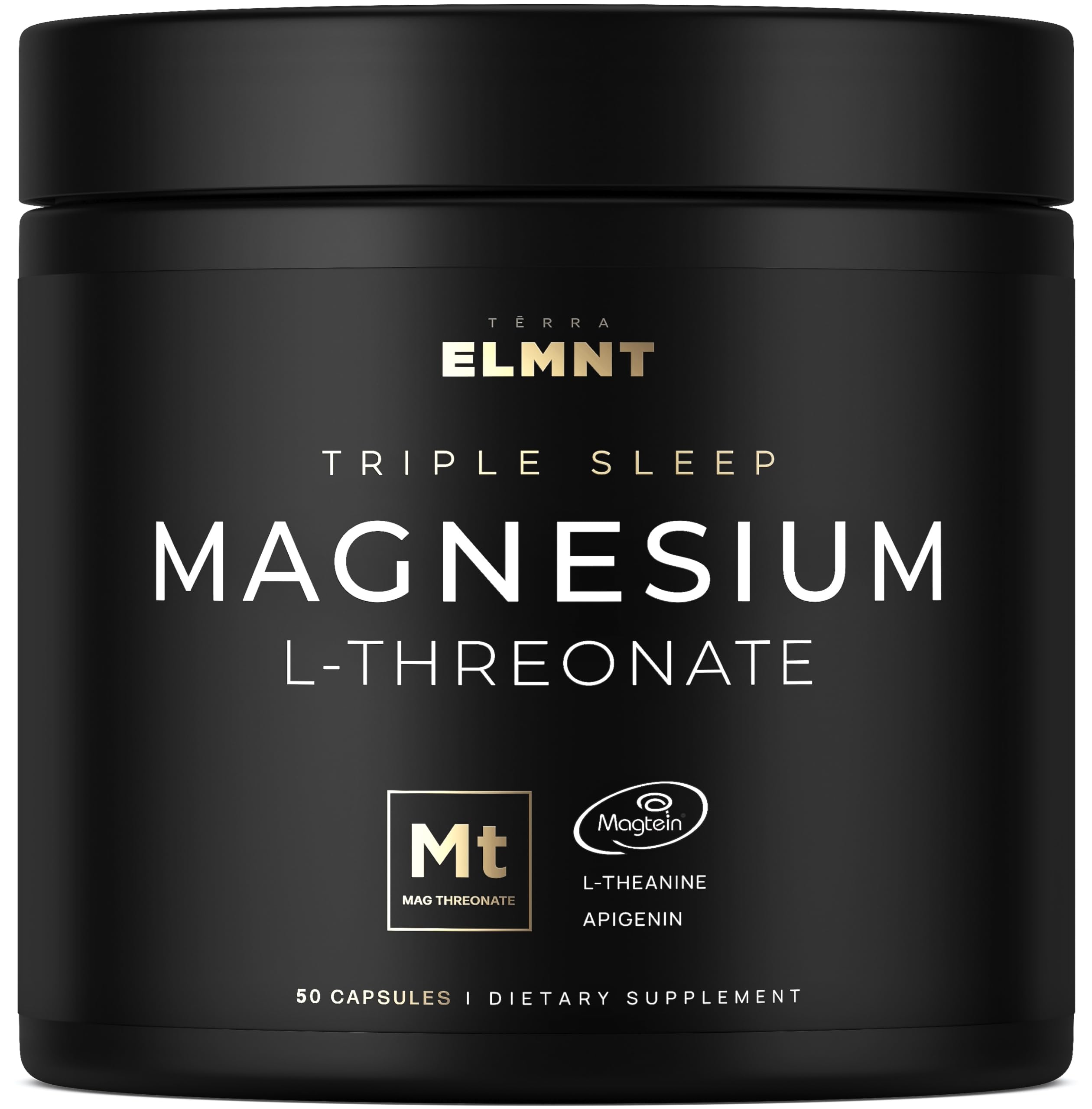 Terra ELMNT Triple Sleep bottle closeup highlighting high-absorption magnesium blend for calm evenings
