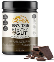 Terra Origin Healthy Gut Chocolate tub back label highlights ingredients and clean labeling.