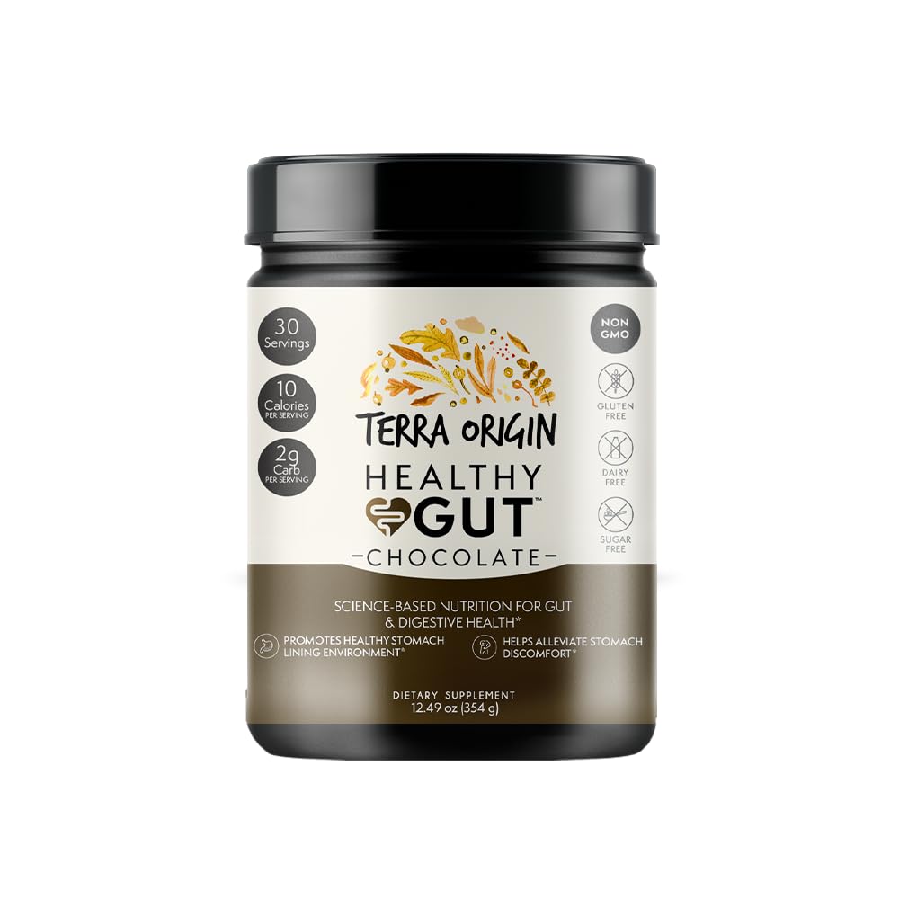 Terra Origin Healthy Gut Chocolate tub front showcases premium formula for digestive support.