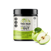 Terra Origin Healthy Gut Green Apple tub with powder, supporting digestive comfort.