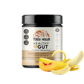 Terra Origin Healthy Gut peach-banana tub shown for daily digestion support.