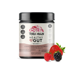 Terra Origin Healthy Gut Powder Berry bottle highlighting digestive support blend