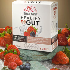Terra Origin Healthy Gut Stick Pack Berry packet open highlights portable gut support.