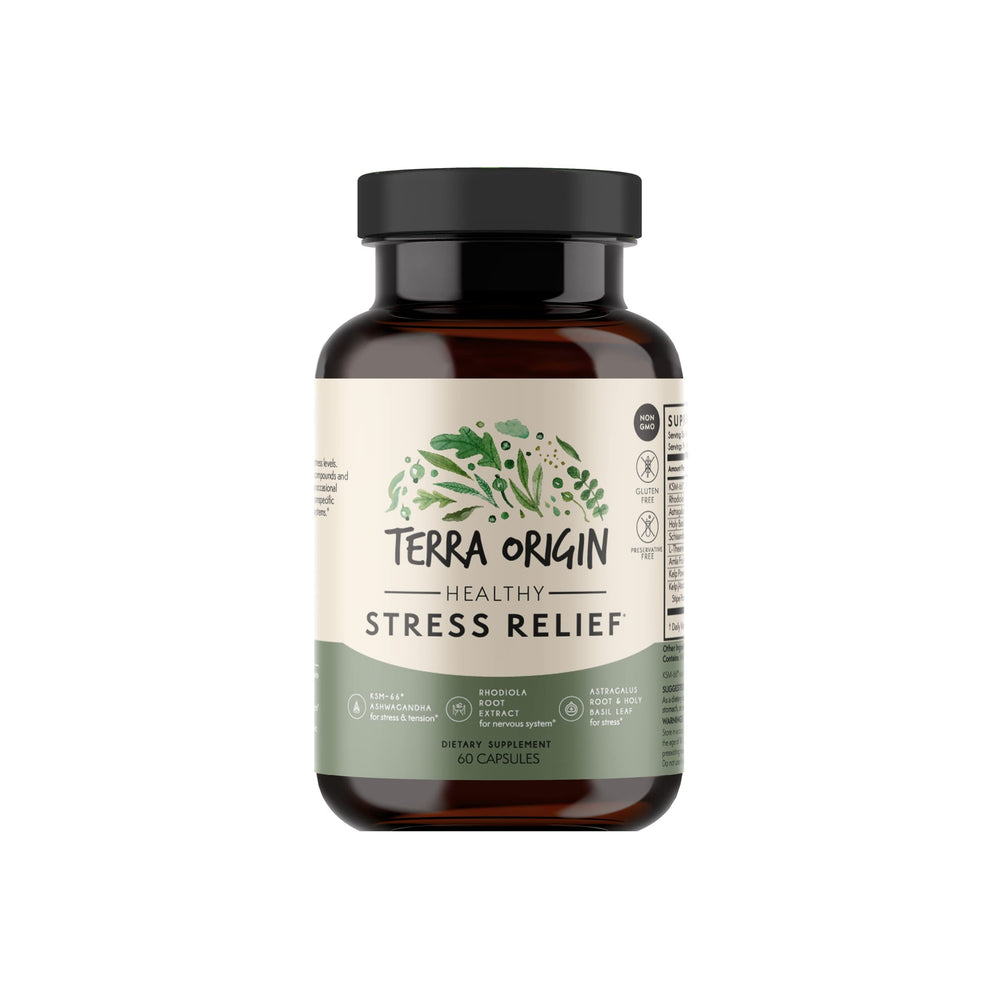 Terra Origin Healthy Stress bottle front view for daily mood support.