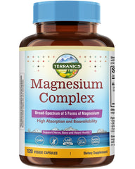 Terranics 5-in-1 magnesium capsules bottle showcasing the five chelated forms for daily wellness.