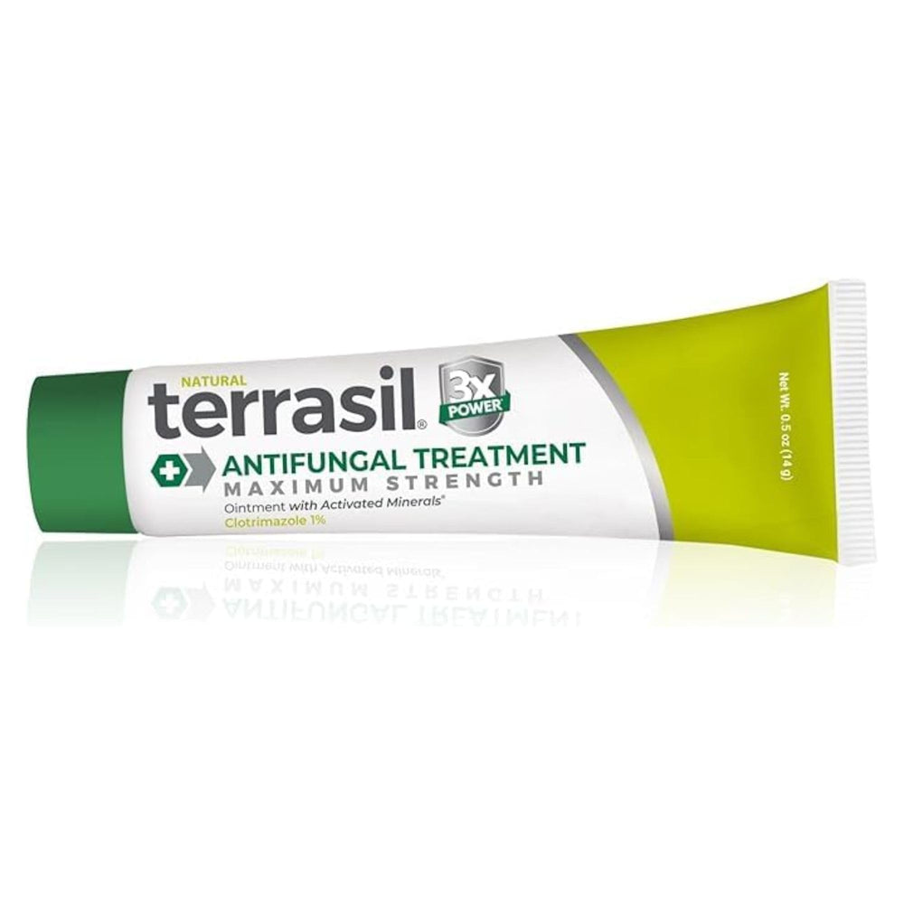 Terrasil Clotrimazole antifungal cream tube close-up showing smooth application.