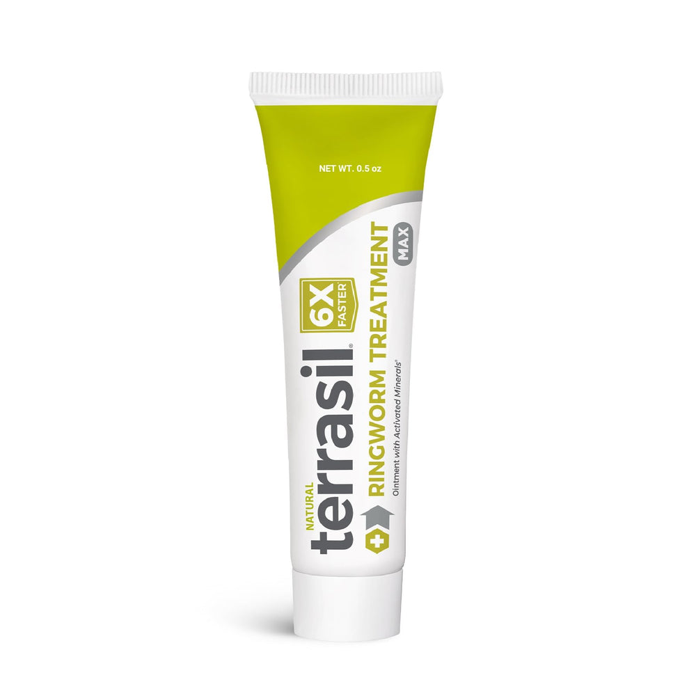Terrasil Ringworm Treatment jar closeup with one-percent clotrimazole for skin infections.