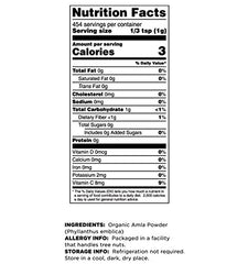 Terrasoul Amla powder label on tub highlighting organic, non-GMO quality.
