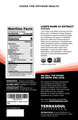 Terrasoul Lions Mane powder label highlights organic, non-GMO and gluten-free quality.