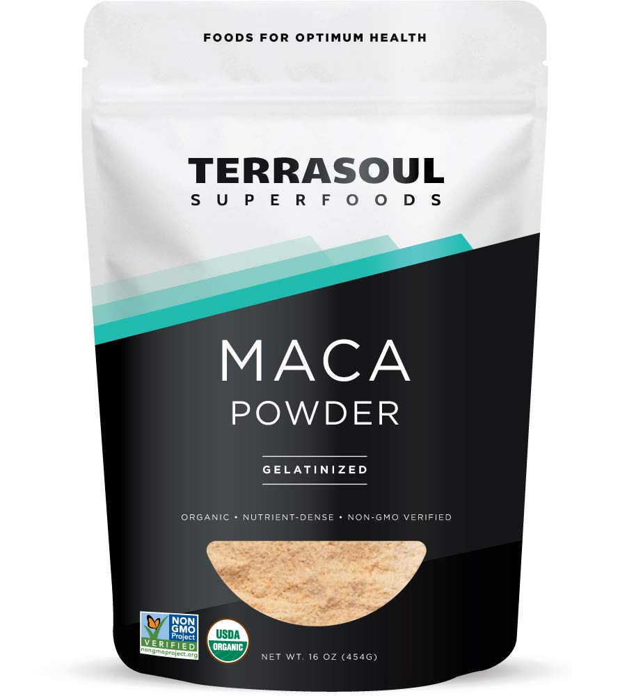 Terrasoul Organic Gelatinized Maca Powder packaging shown for easy stocking and quick prep