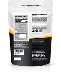 Terrasoul Sprouted Brown Rice Protein pouch front; organic packaging and product name visible.