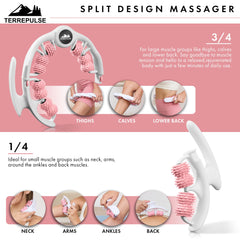 Terrepulse body roller with split-handle design for reaching hard-to-access areas.
