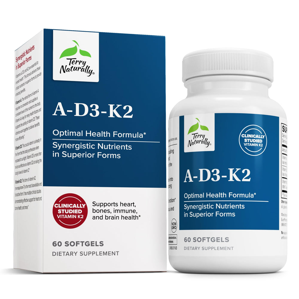 Terry Naturally A•D3•K2 bottle pouring, easy daily immune and bone support.