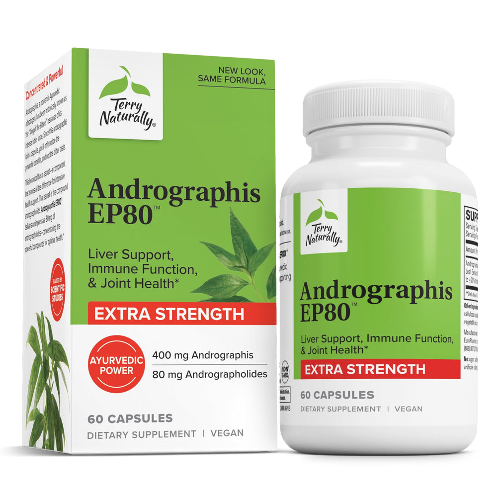 Terry Naturally Andrographis EP80 bottle on a clean backdrop, showcasing immune support and vitality.