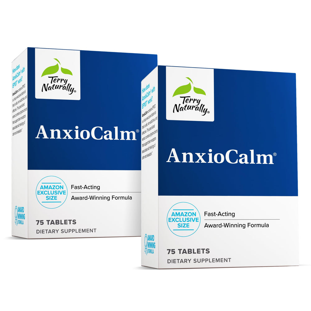 Terry Naturally AnxioCalm bottle on a clean countertop for calming support.
