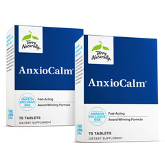 Terry Naturally AnxioCalm bottle on a clean countertop for calming support.
