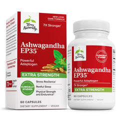 Terry Naturally Ashwagandha EP35 bottle front with label visible, supporting daily stress resilience.