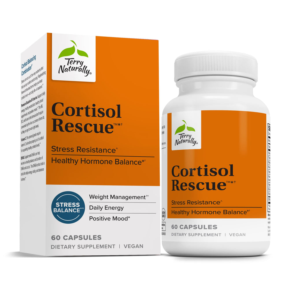 Terry Naturally Cortisol Rescue bottle for stress support and daily energy.