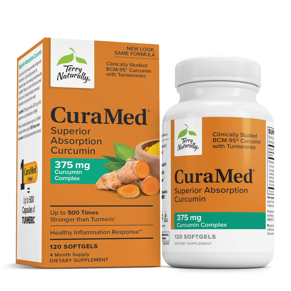 Terry Naturally CuraMed 375mg bottle front, highlighting antioxidant support.