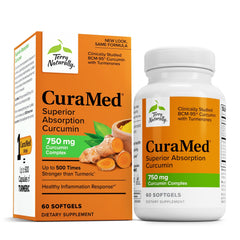 Terry Naturally CuraMed 750mg bottle front showing high-potency curcuminoids for daily support.