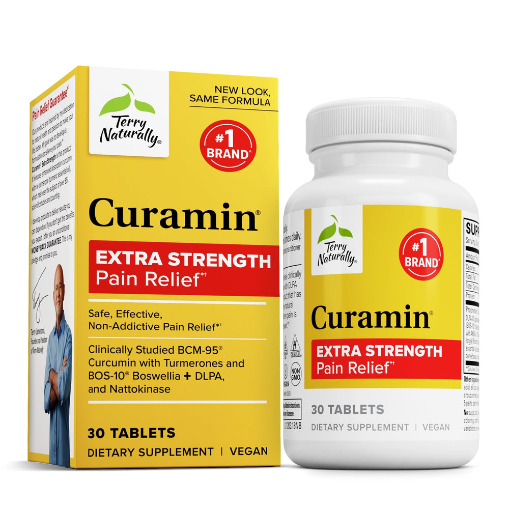 Terry Naturally Curamin Extra Strength bottle pouring capsules for daily circulation and joint support.