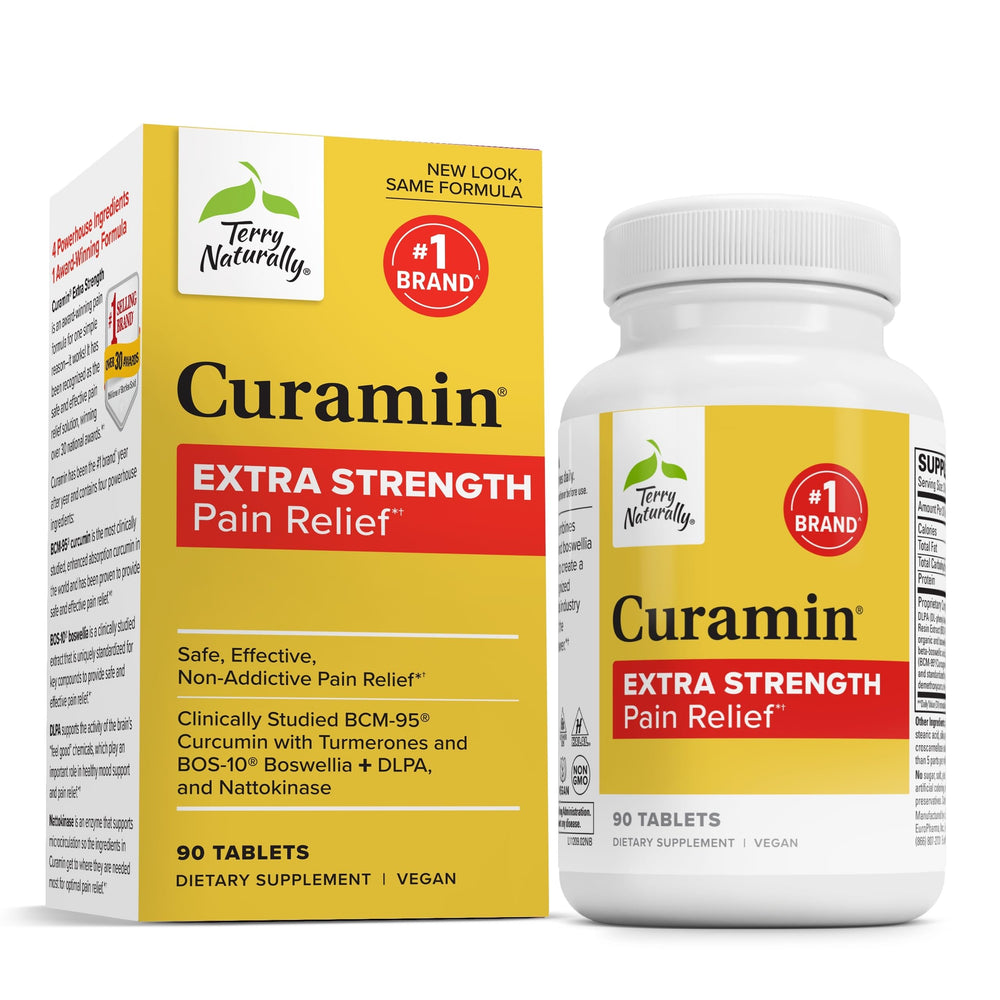 Terry Naturally Curamin Extra Strength bottle showing turmeric blend for potential joint comfort.