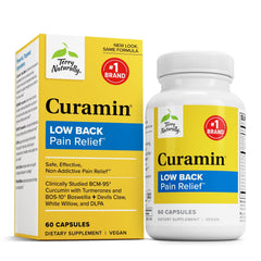 Terry Naturally Curamin Low Back bottle shown on shelf for everyday comfort support.