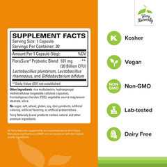 Label close-up of FloraSure probiotic showing ingredients for daily gut support.