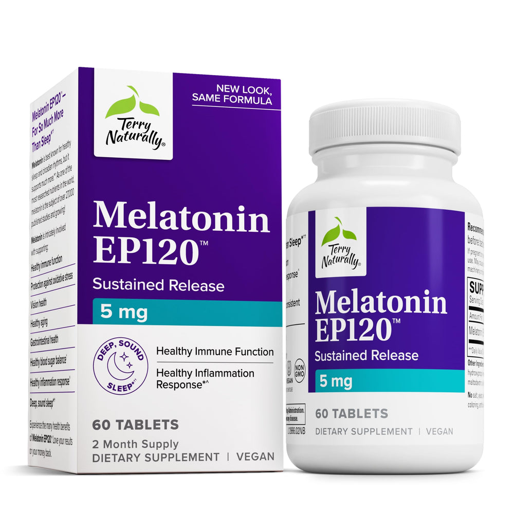 Terry Naturally Melatonin EP 120 bottle on nightstand supports restful sleep.