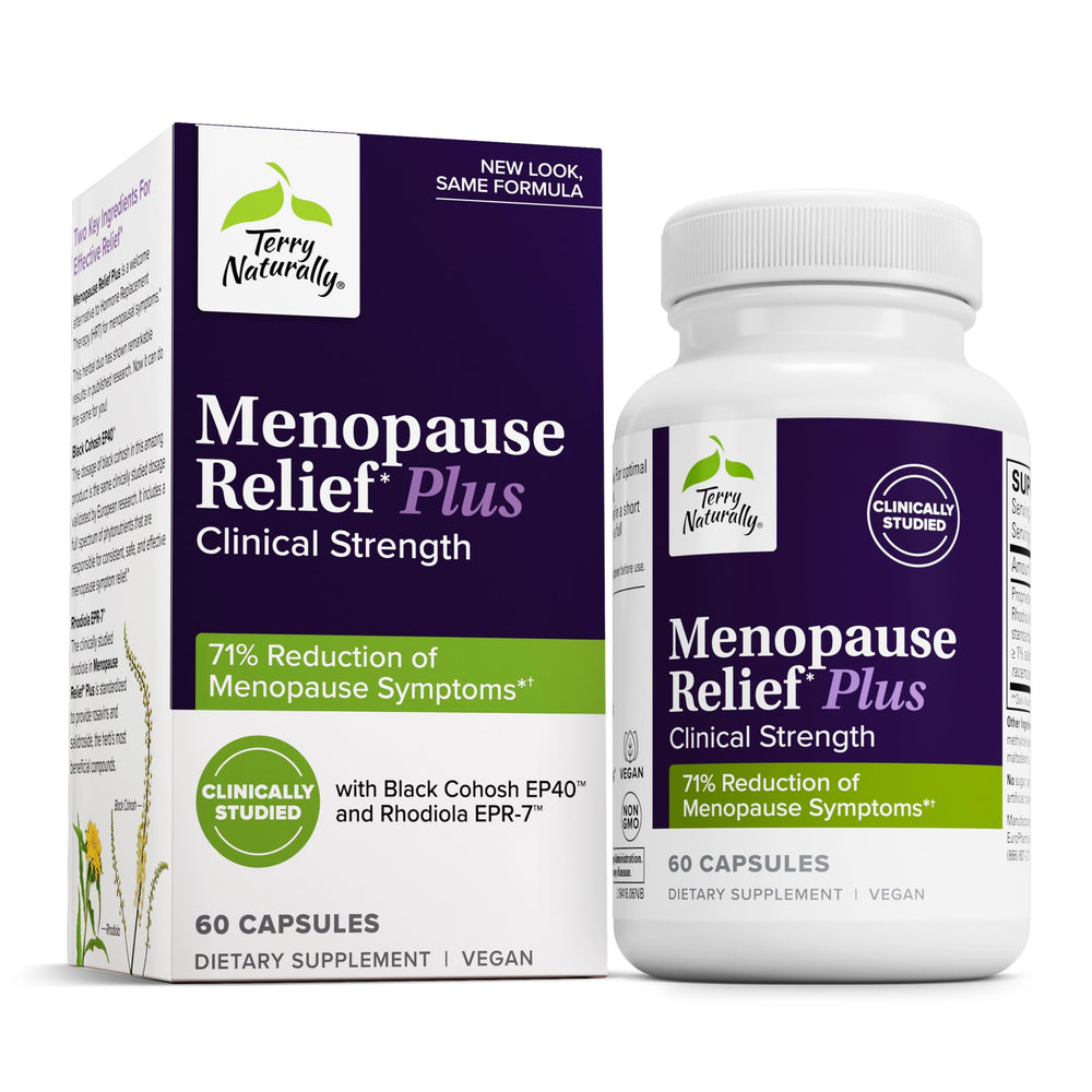 Terry Naturally Menopause Relief Plus capsules for daily menopause support and mood balance.