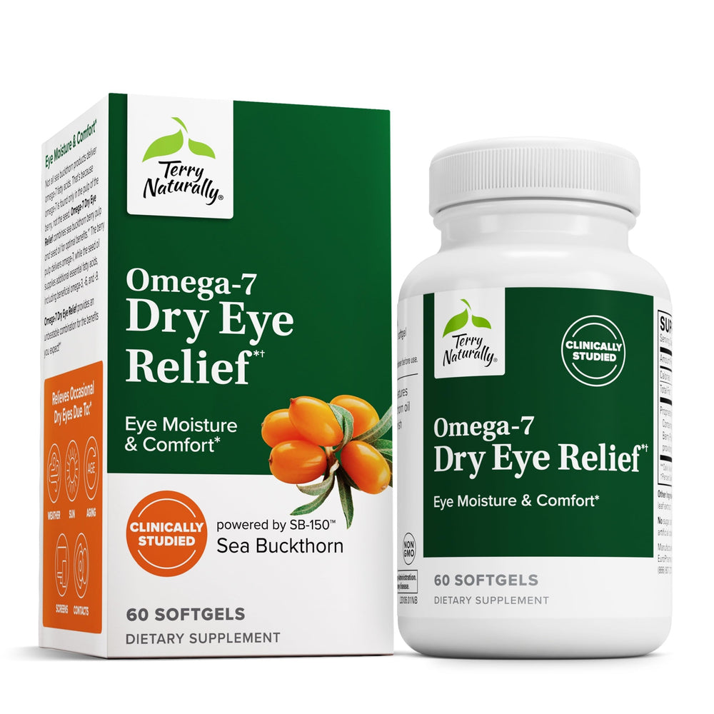 Terry Naturally Omega-7 softgels for dry eye relief and daily support.