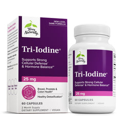 Terry Naturally Tri-Iodine bottle closeup showing capsules for hormone balance support