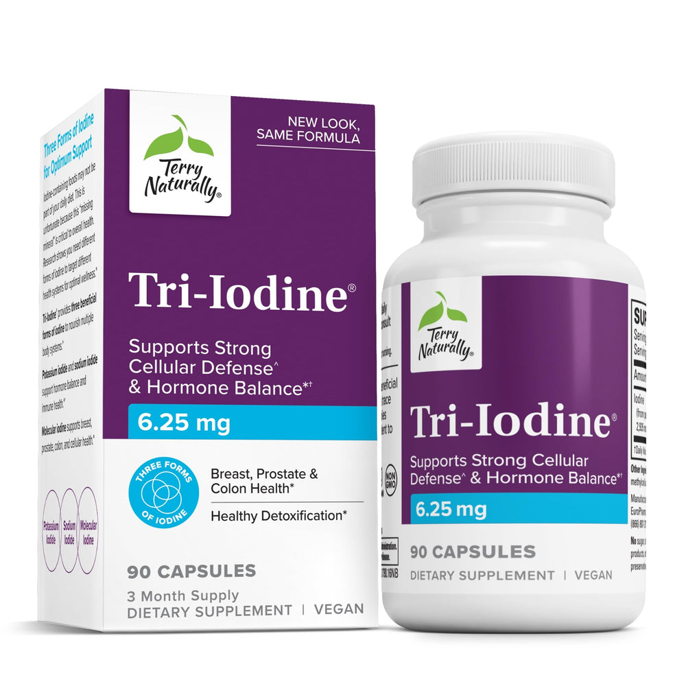 Terry Naturally Tri-Iodine bottle pouring, showing triple-iodine formula for thyroid support.