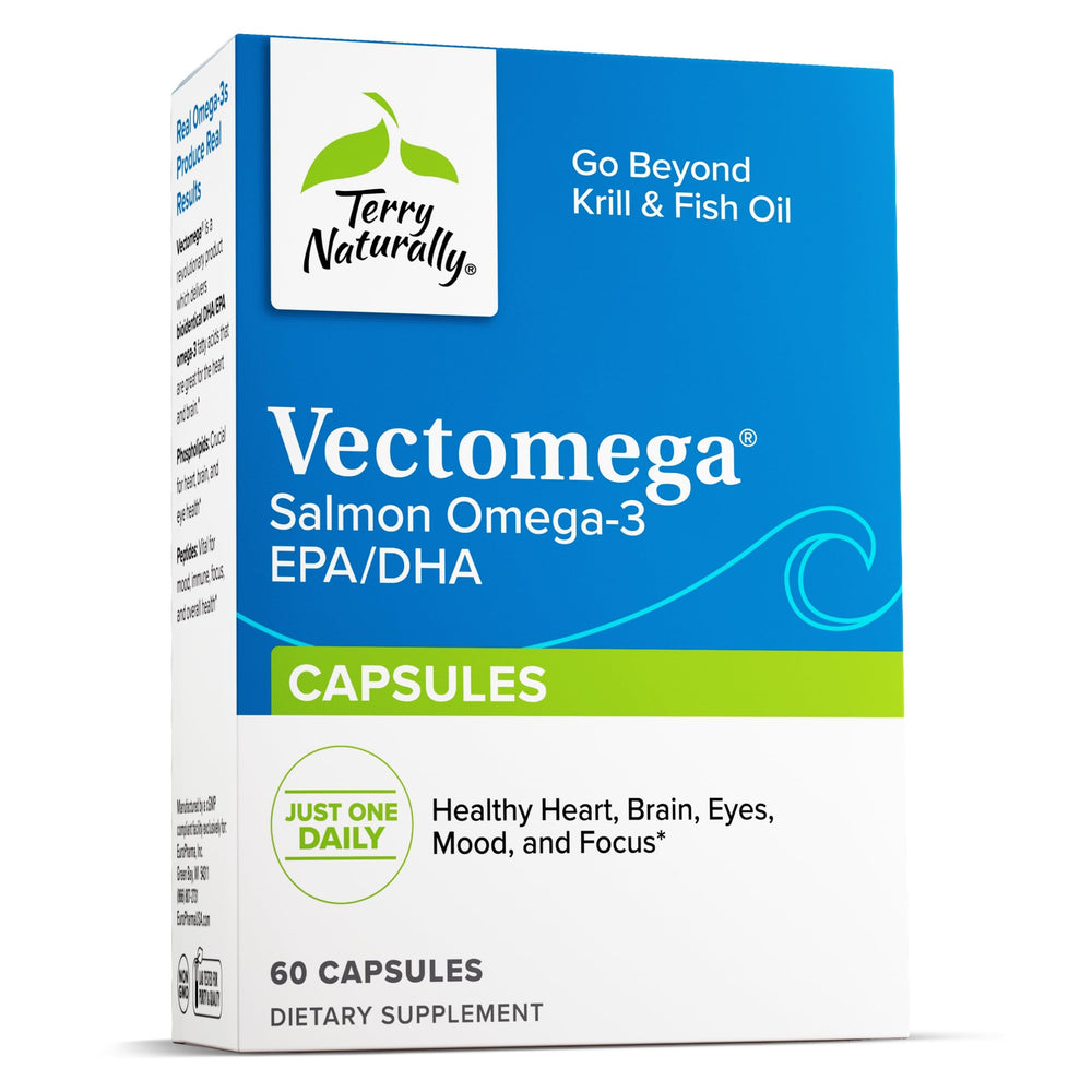 Terry Naturally Vectomega bottle and capsules highlighting phospholipid-bound omega-3 for absorption