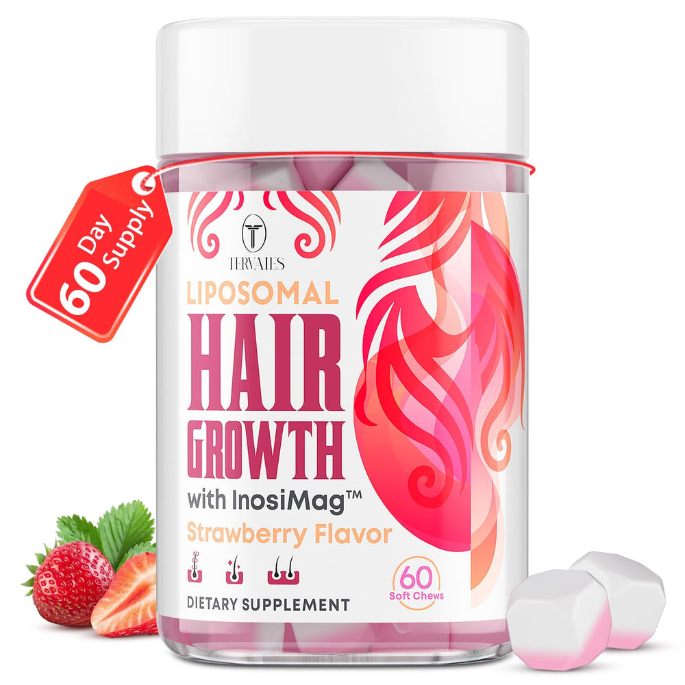 Tervaies Liposomal Hair Growth Soft Chews bottle highlights enhanced absorption for hair support