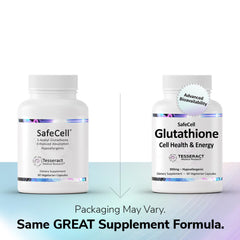 Close-up of Tesseract SafeCell capsules showing S-Acetyl Glutathione for daily wellness.