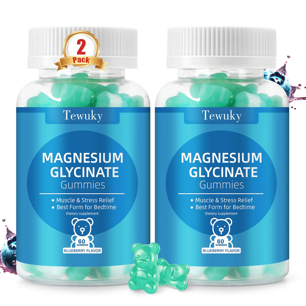 Tewuky Magnesium Glycinate Gummies bottle with blueberry flavor for relaxation support.