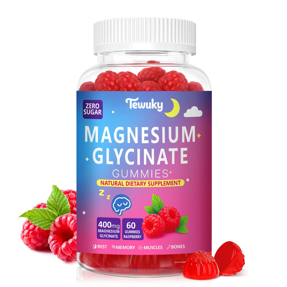 Tewuky Magnesium Glycinate Gummies raspberry bottle highlights sugar-free, vegan formula for restful nights.