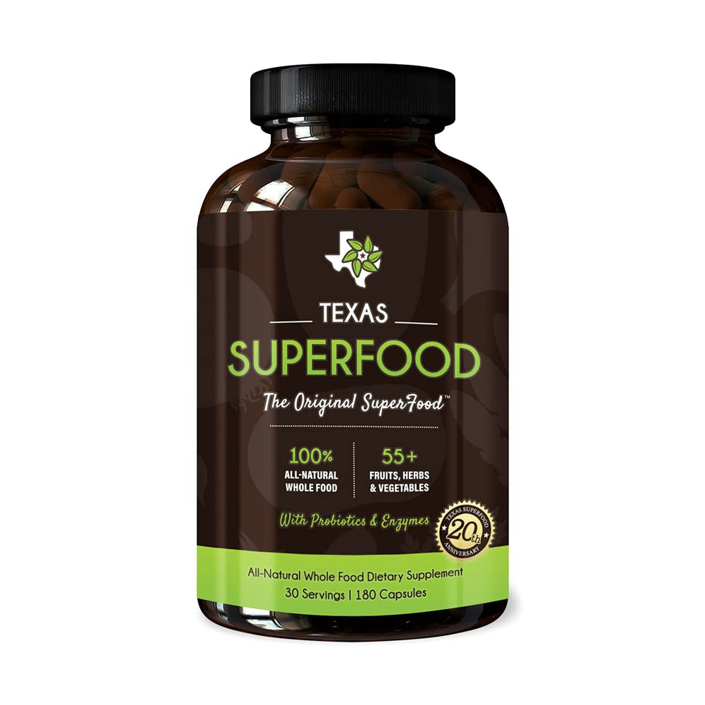 Texas SuperFood Original bottle front, vegan nutrition for daily energy.