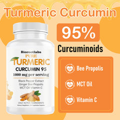TEYAOE Biorootlabs curcumin capsules closeup; 95% curcuminoids for concentrated turmeric support.